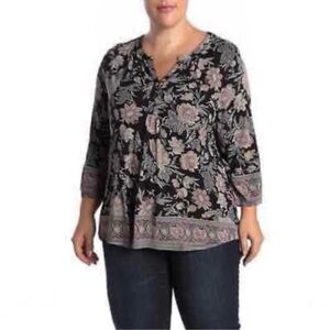 LUCKY BRAND Border Sprint Floral 3/4 Sleeve High Low Tunic Plus Size 2X